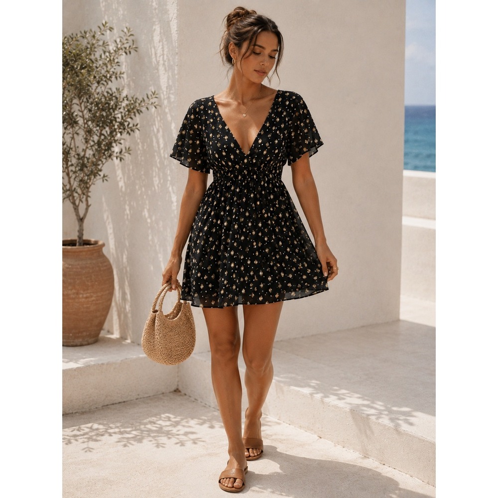 Cupshe Gold Dot Print V Neck Flounce Sleeve A Line Mini‎ Dress Tie Back M